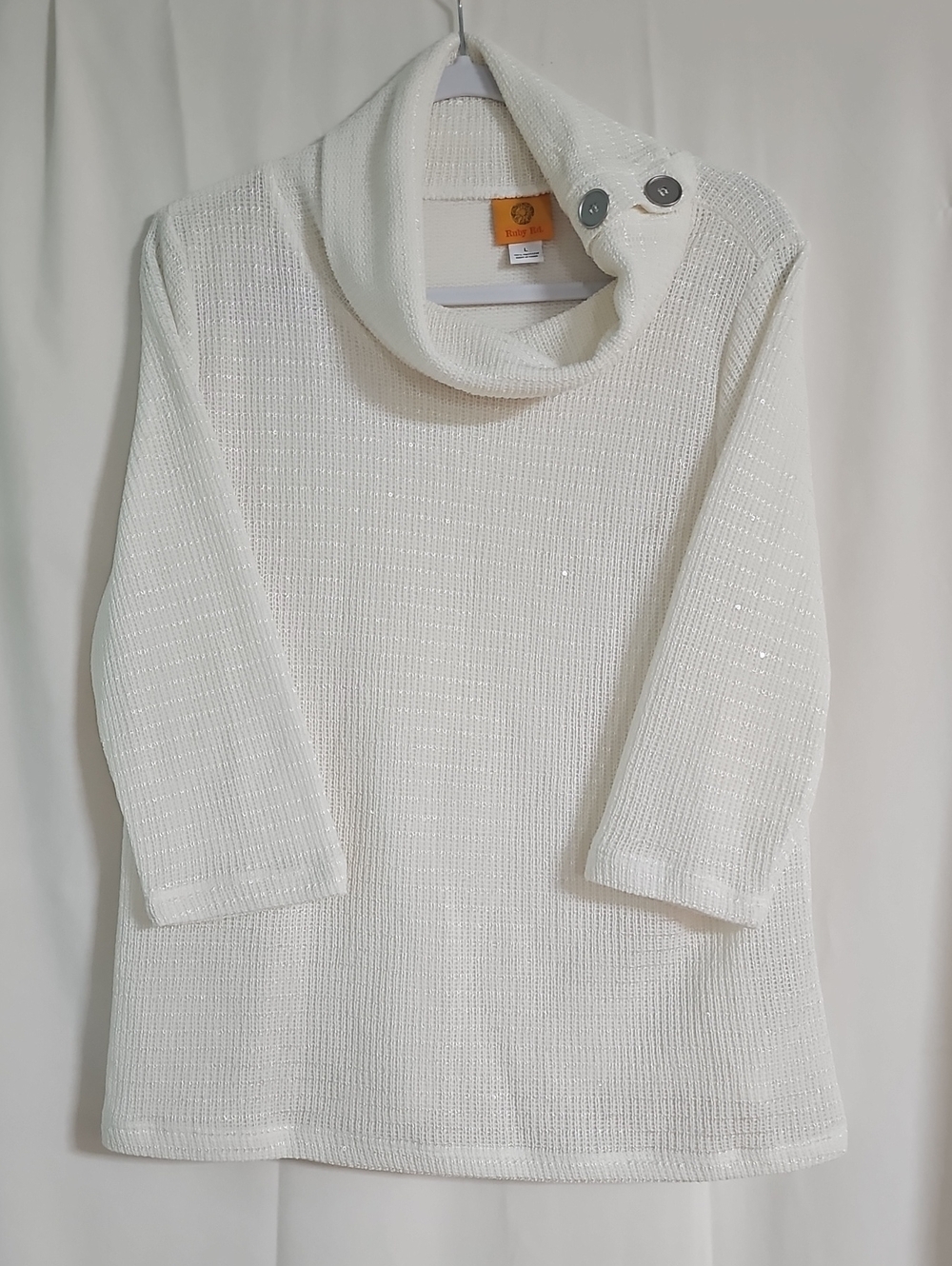 Ruby Rd. White Sparkle Cowl Neck Sweater with Button Accents